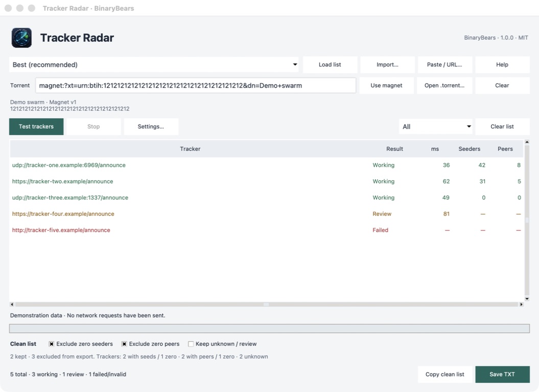 Tracker Radar desktop interface showing tracker results, per-tracker seeders and peers, clean filters and TXT export