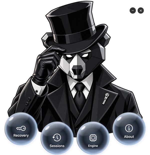ZipRipper 0.5.3: a bear mascot with Recovery, Sessions, Engine and About controls.