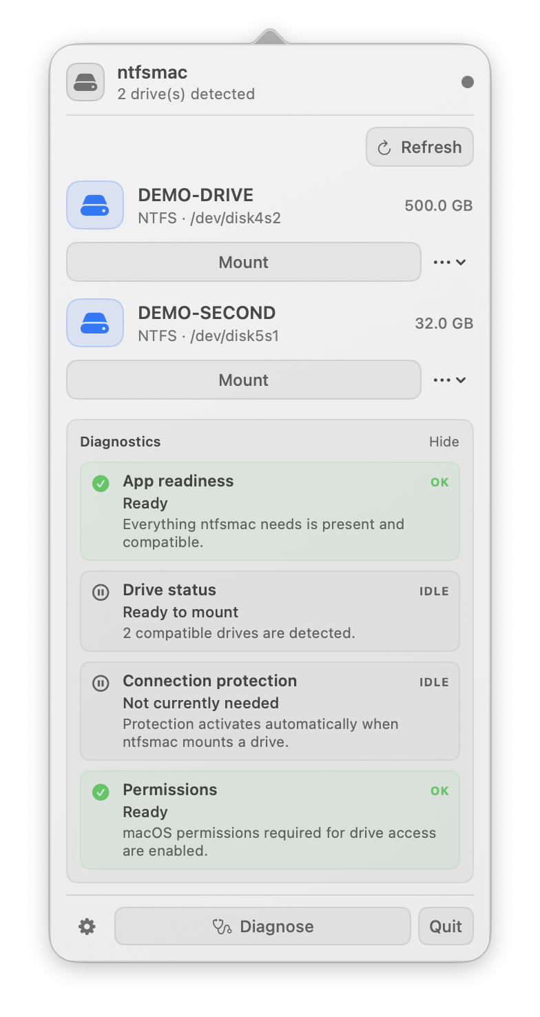 ntfsmac Diagnose panel with App readiness, Drive status, Connection protection and Permissions categories