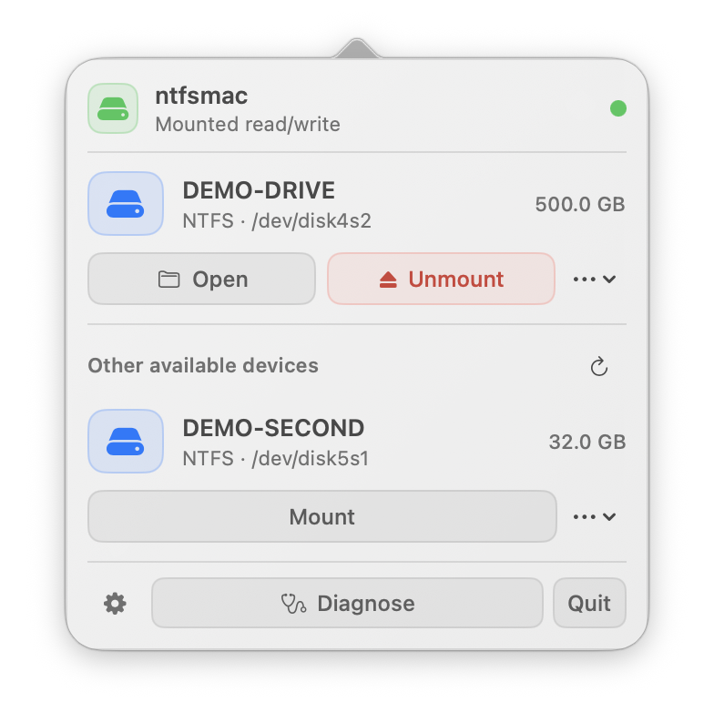 ntfsmac 3.1 showing a demo NTFS drive mounted read/write