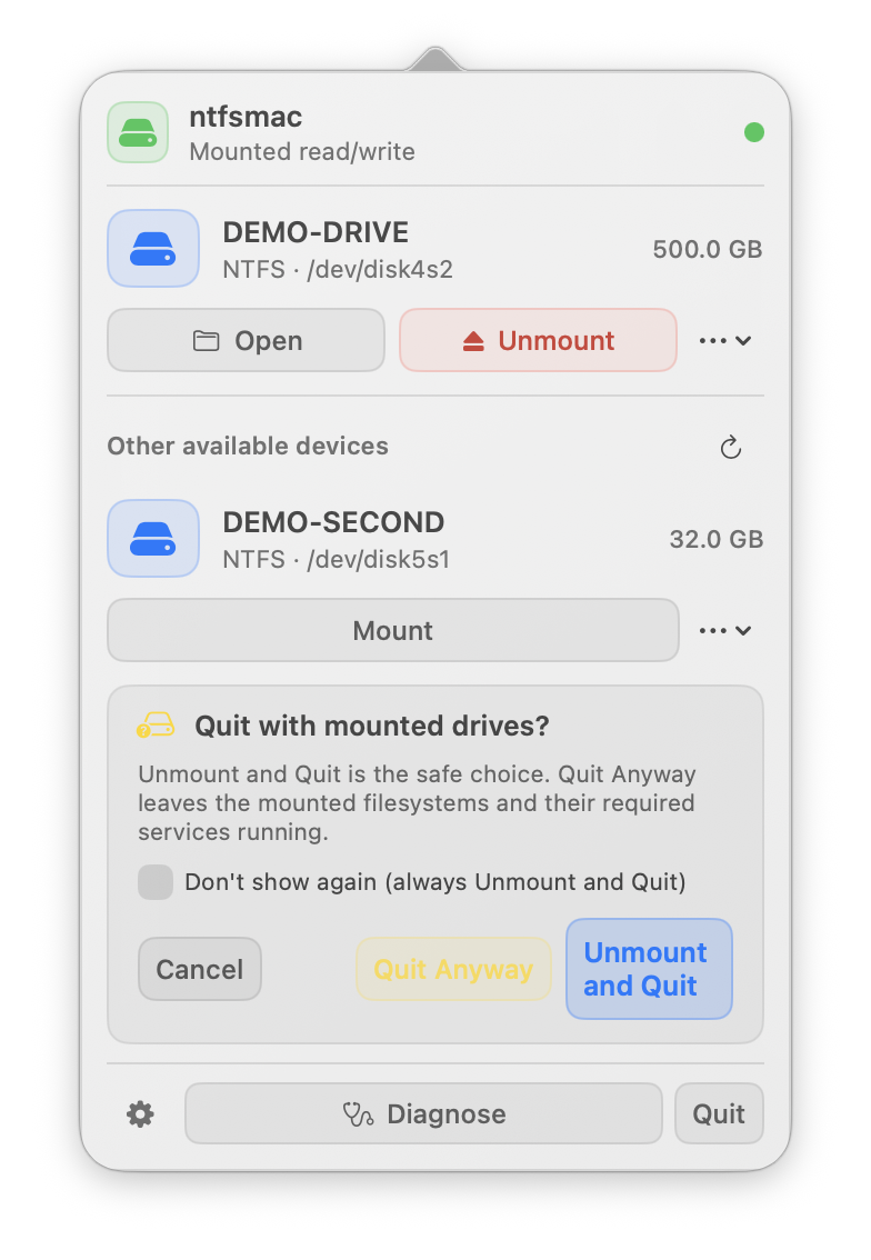 ntfsmac asking how to quit while a demo drive is mounted