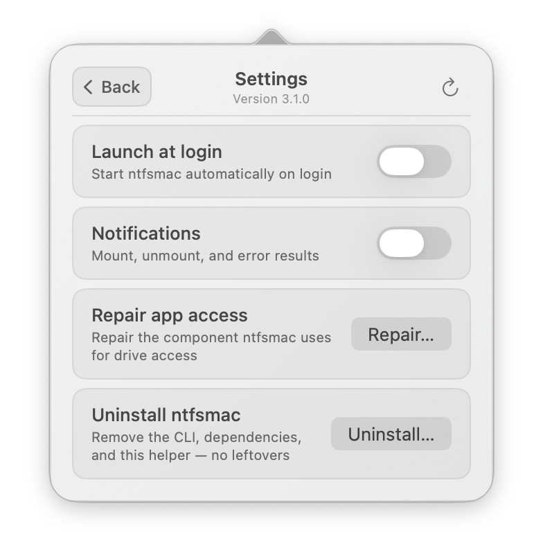 ntfsmac Settings with aligned Back, title and update controls