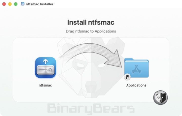 Branded ntfsmac installer window showing the app dragged to Applications